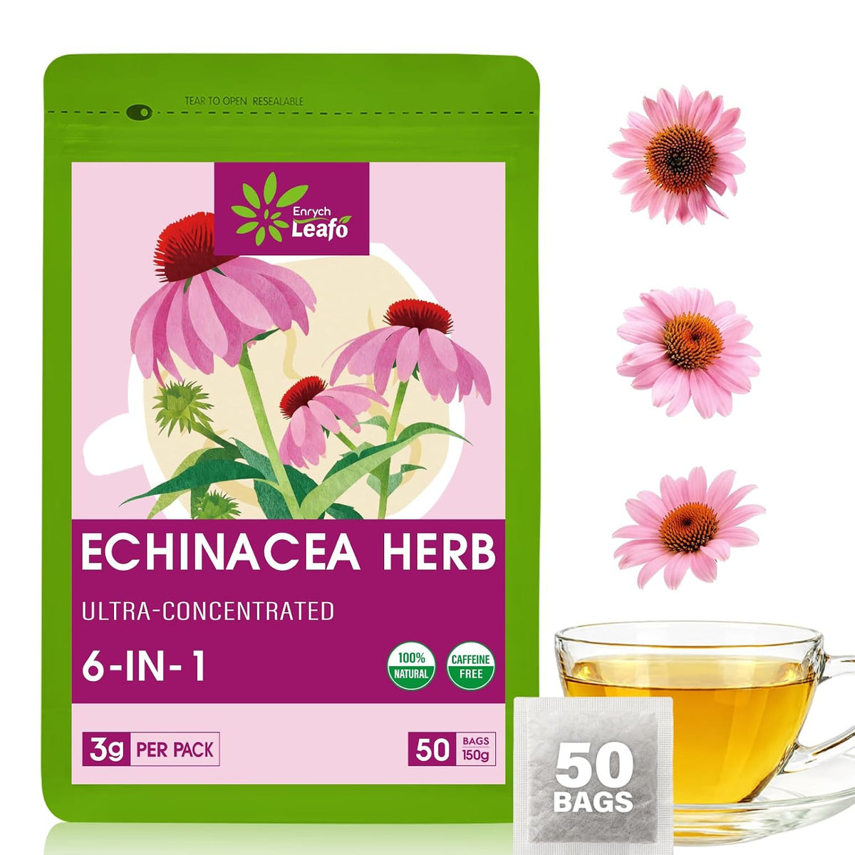 EnrychLeafo Echinacea Herb Tea with Goldenseal & Elderberry- 50bags