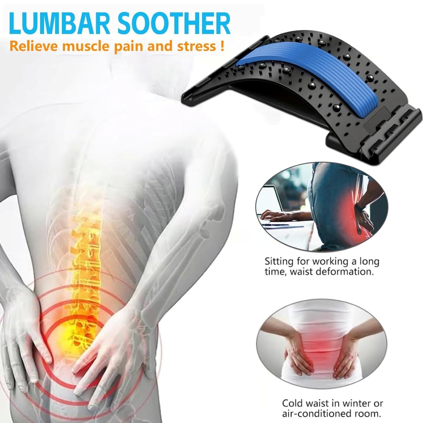 Professional Back Stretcher for Lower back Pain Relief, 4-Level Adjustable Lumbar Support Board with Acupressure Massage, Portable Cracking Device for Sciatica, Home & Car Use