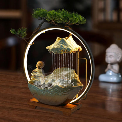 Mini Artificial Bonsai Tree Waterfall Fog Feature Rock Tabletop Fountain | 11in Desktop Decor Waterfall Fountain W/ Water Pump& Atomizer&LED Lights &Fake Tree Office Bedroom Relax