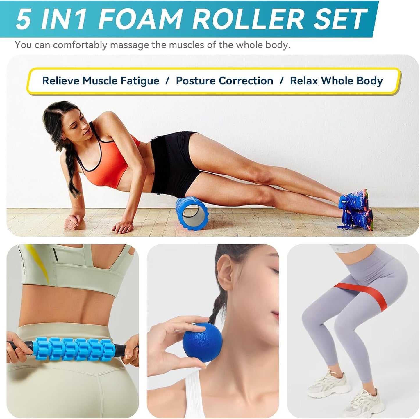 Krightlink 5 in 1 Foam Roller Set for Deep Tissue Muscle Massage, Trigger Point Fitness Exercise Foam Roller, Massage Roller, Massage Ball, Stretching Strap, for Whole Body (Orange Black)