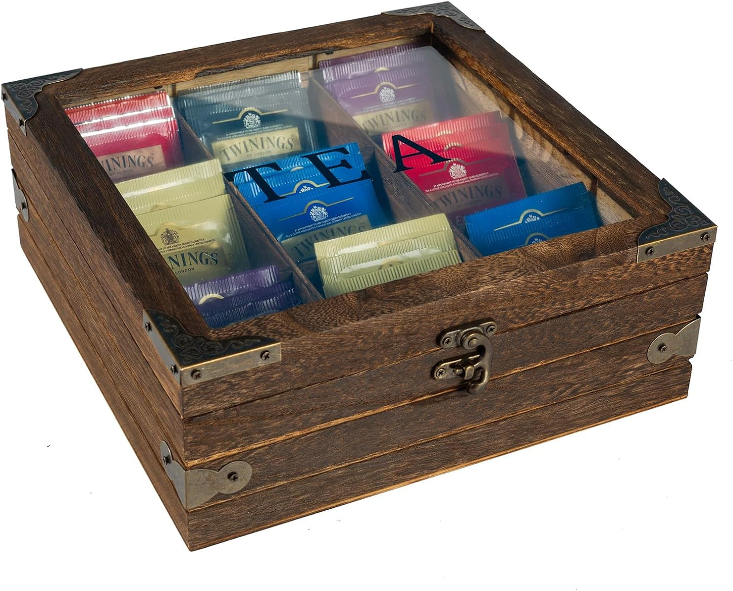 MOLIGOU Wood Tea Box Organizer, Tea Storage Chest with Glass Lid, 9 Compartments, Tea Bag Holder Organizer for Cabinet, Pantry