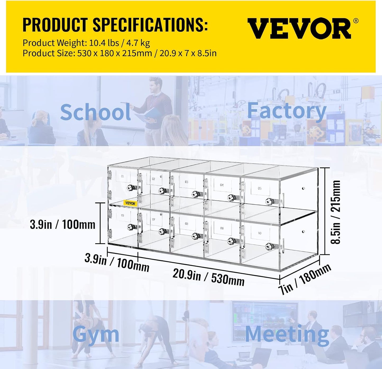 VEVOR Cell Phone Storage Locker, 10 Slots Acrylic Material with Door Locks and Keys, Wall-Mounted Cabinet Pocket Office Classroom Gym Box, Clear