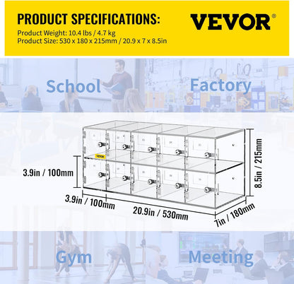 VEVOR Cell Phone Storage Locker, 10 Slots Acrylic Material with Door Locks and Keys, Wall-Mounted Cabinet Pocket Office Classroom Gym Box, Clear