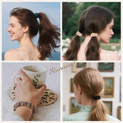 LULUSILK Small Silk Hair Ties No Damage, 100% Real Mulberry Silk, Skinny Scrunchies Ponytail Holders for Thin Fine Hair, Brown, Pack of 3