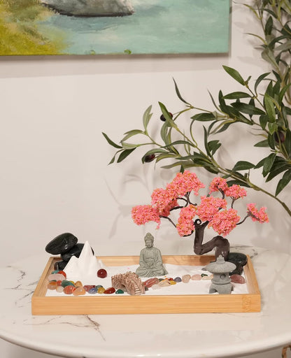 Mini Zen Garden for Desk Bodhi Tree and Buddha | Desktop Sand Tray Japanese Zen Garden Kit for Therapy Office Decor, Home Decor, Meditation Gifts