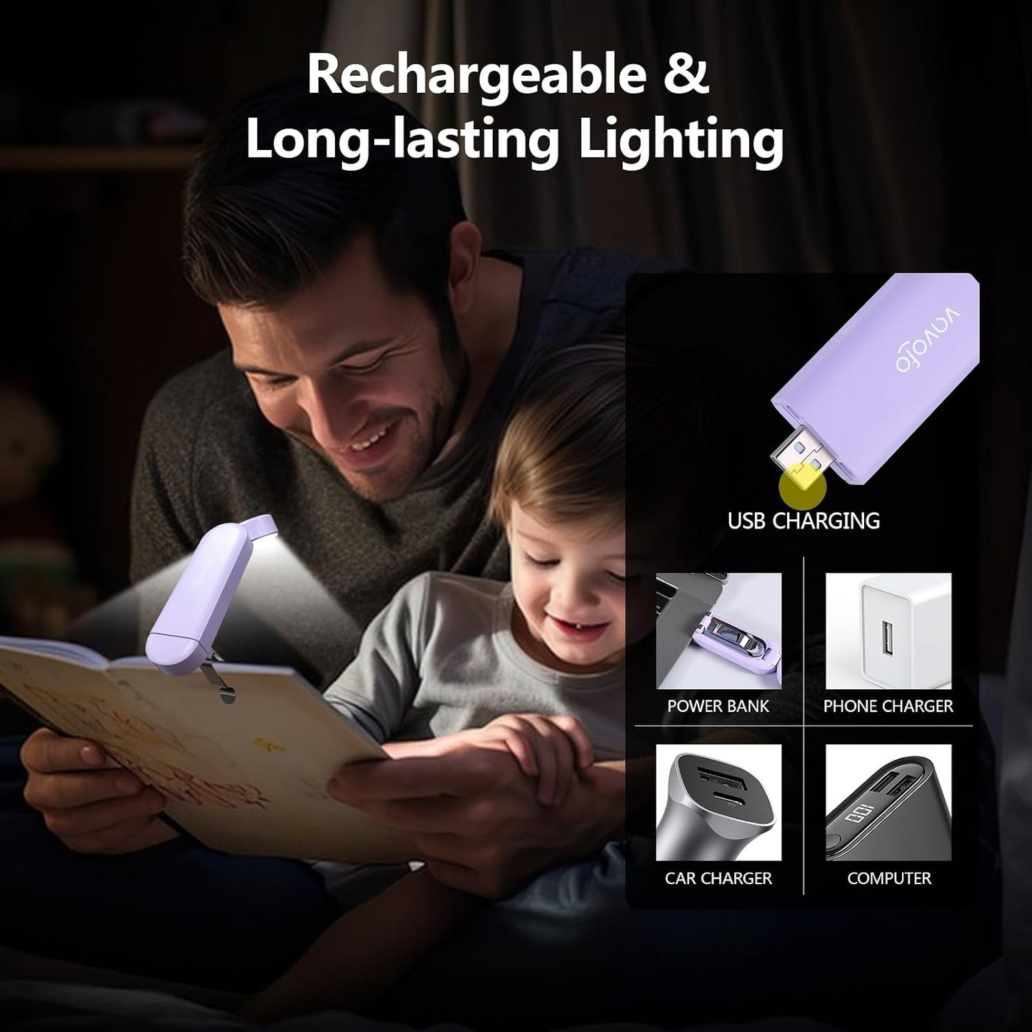 VAVOFO USB Rechargeable Book Light, Blue Light Blocking, Amber Clip-On Bookmark Shaped Reading Light, Eye Care 6 LEDs With 9 Lighting Modes for Bookworms (Grey)