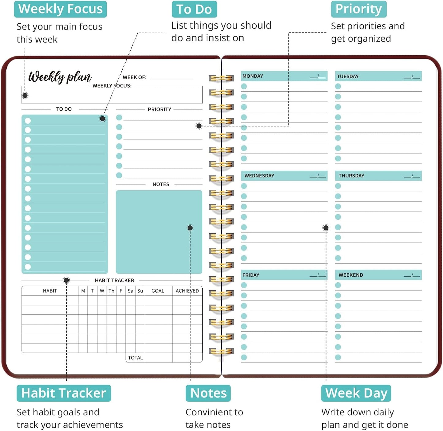 Taja Undated Weekly Planner, Weekly To Do List Notebook with Goal & Habit Tracker Organizer, A5 Weekly Planner Notebook with Spiral Binding, 6.1" x 8.2" - Green