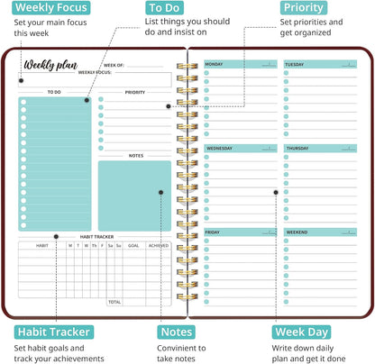 Taja Undated Weekly Planner, Weekly To Do List Notebook with Goal & Habit Tracker Organizer, A5 Weekly Planner Notebook with Spiral Binding, 6.1" x 8.2" - Green