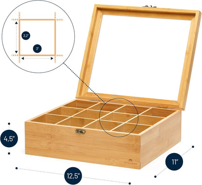 Big Natural Bamboo Tea Storage Organizer, Clear Acrylic Top, 8 Compartments
