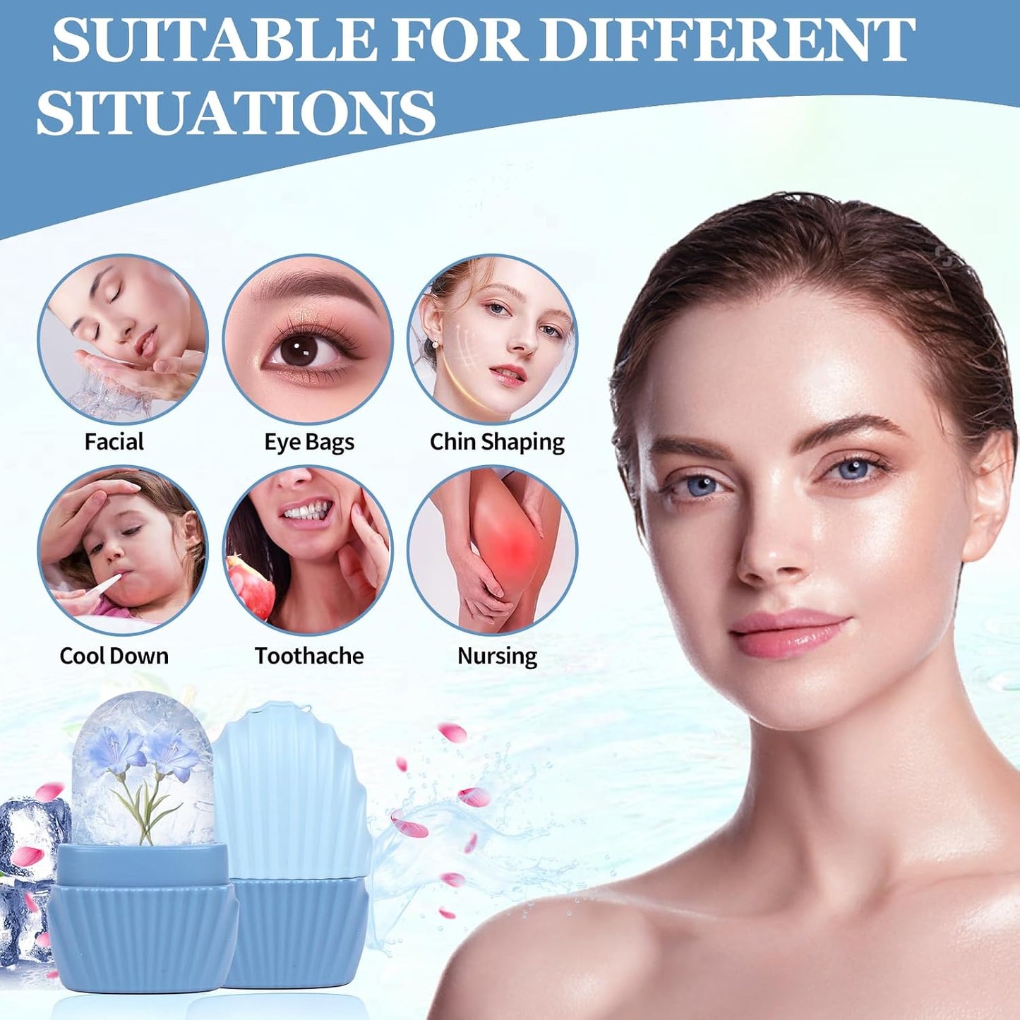 Ice Cube Roller for Face,Eyes and Neck,Reusable Silicone Ice Mold Mermaid Shell Shape for Shrink Pores Anti Wrinkle and Skin Beauty Care,Reduce Migraine Pain,Gua Sha Face Massage Tools (Pink)