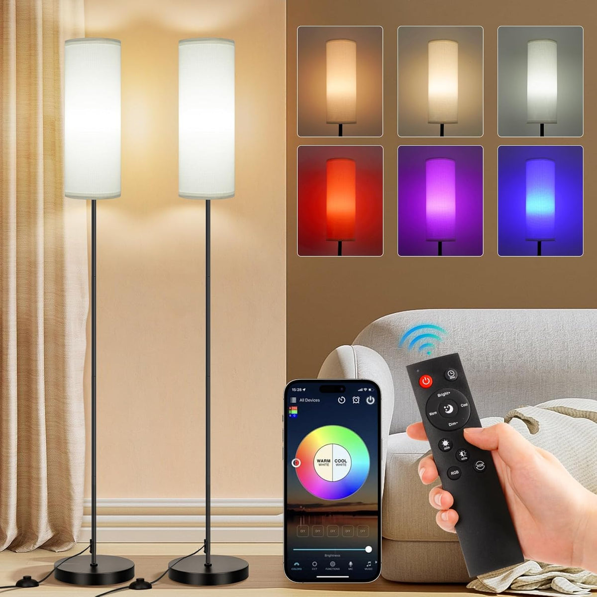 FRIDEKO HOME Floor Lamp, 9W 800LM Color Changing Smart Bulb, Beige Shade