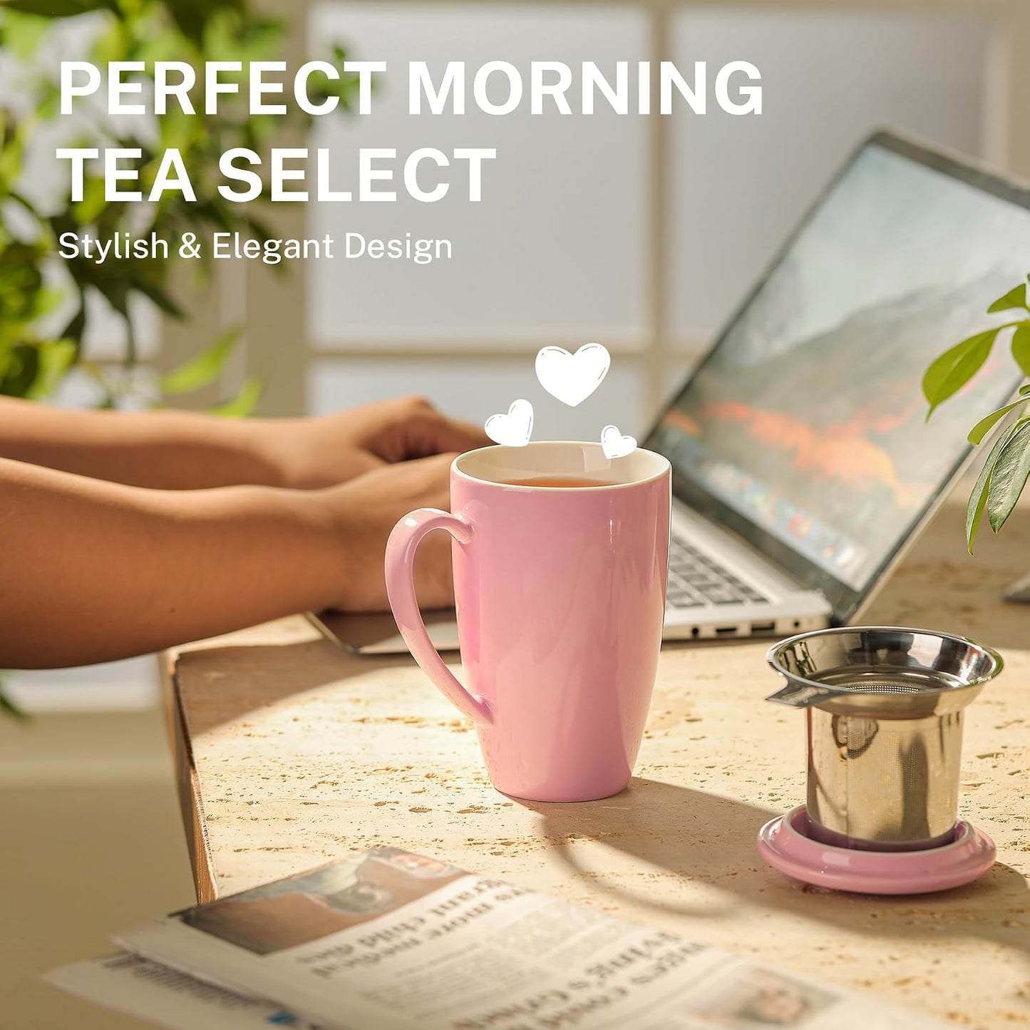 Sweese 15oz Porcelain Tea Mug with Infuser and Lid – Microwave Safe, Ergonomic Handle, Lead-Free Glaze, for Loose Leaf Tea