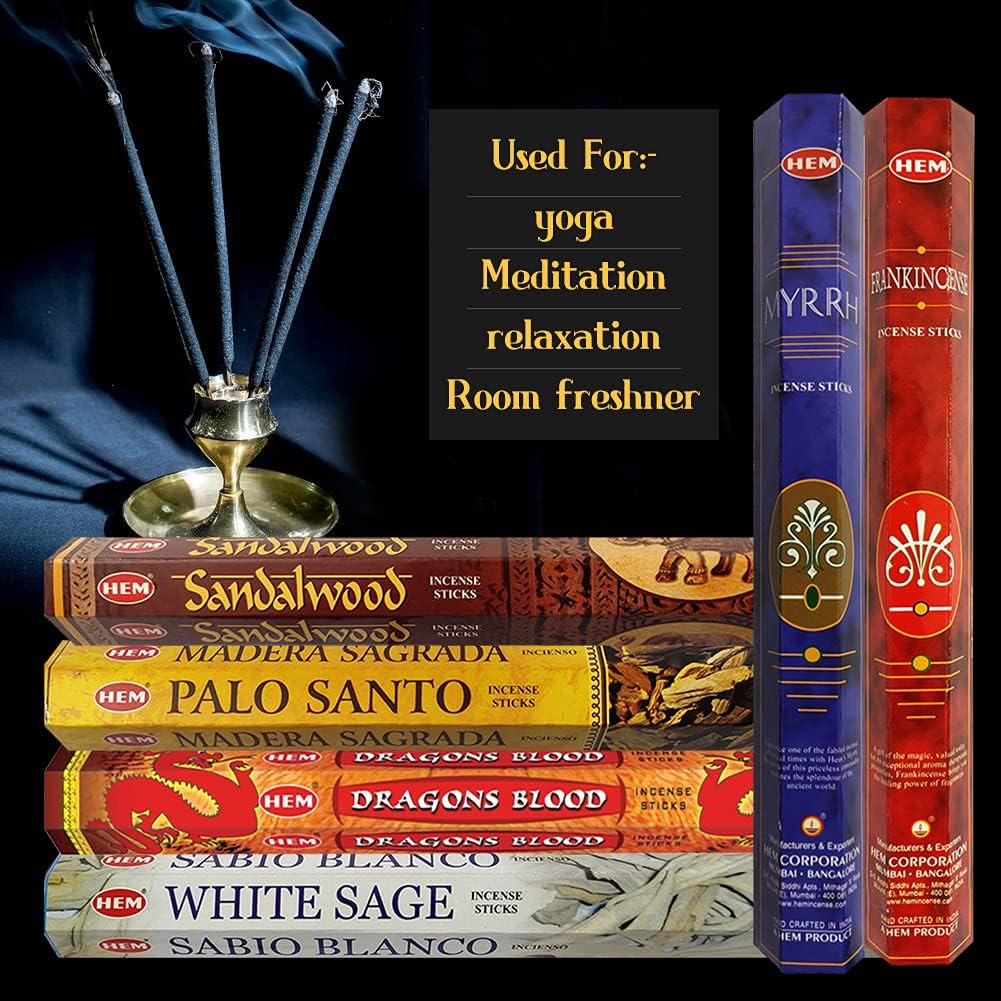 Hem Incense Sticks Variety Pack #23-120 Insence-Sticks (6 Incents x 20 Insense) + Incense Stick Holder with 6 Most Liked Scents Including Patchouli Dragons Blood White Sage Frankincense-Myrrh