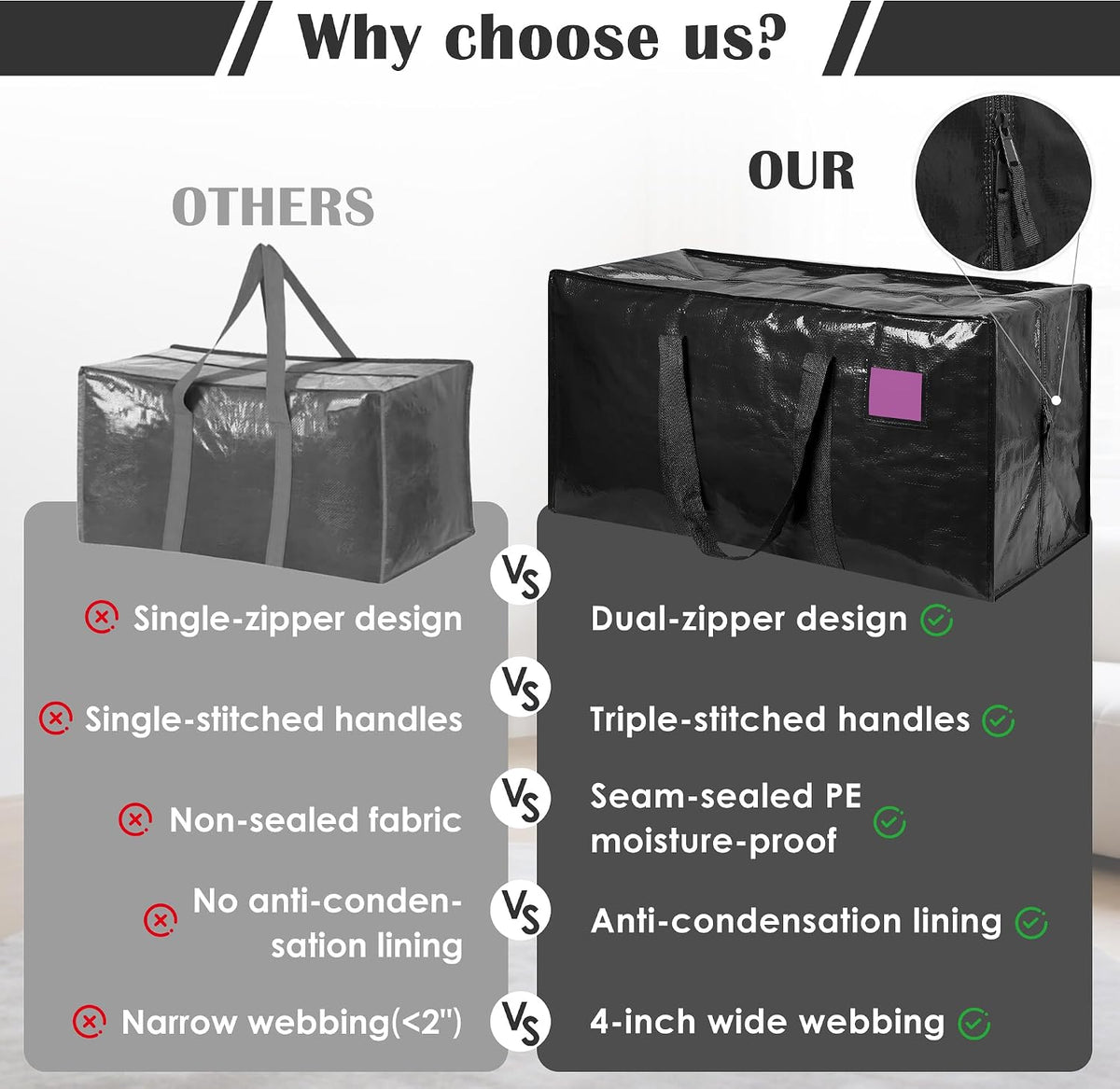 Moving Bags Heavy Duty 210GSM with Full-Open Side Zipper, 93L 220lbs Waterproof Foldable Storage Totes for College Dorm Move-In, Moving Boxes Alternative & Home Organization, Blue