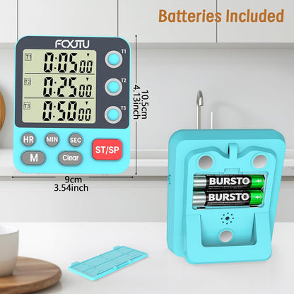 Digital Dual Kitchen Timer, 3-Channel Magnetic Countdown Timer for Cooking