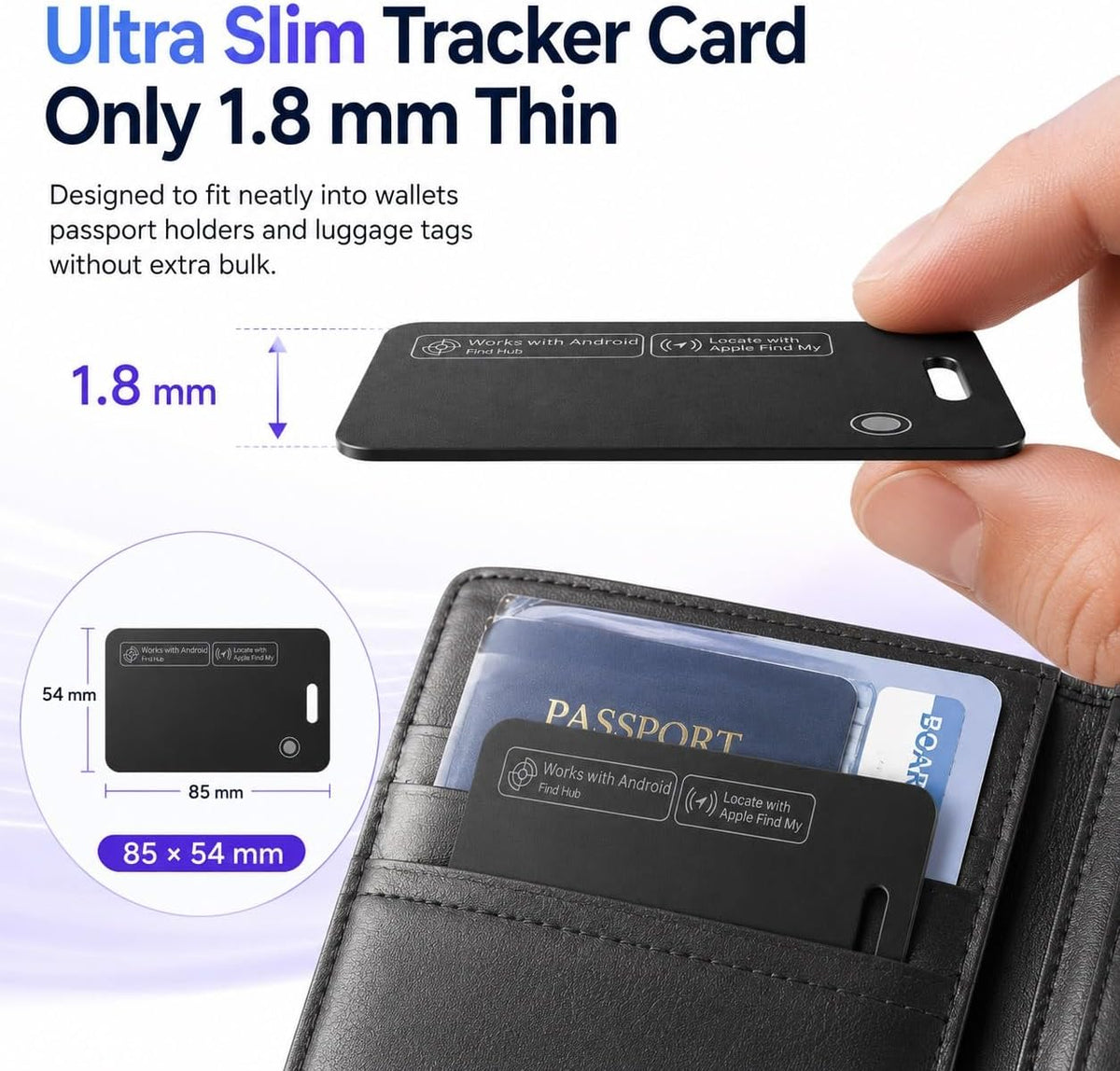 Luxford Finder Card Android Wallet Tracker Card Rechargeable Wireless Charging IP68 Waterproof Ultra Slim Locator for Apple Find My and for Google Find Hub Wallet Passport Luggage Backpack