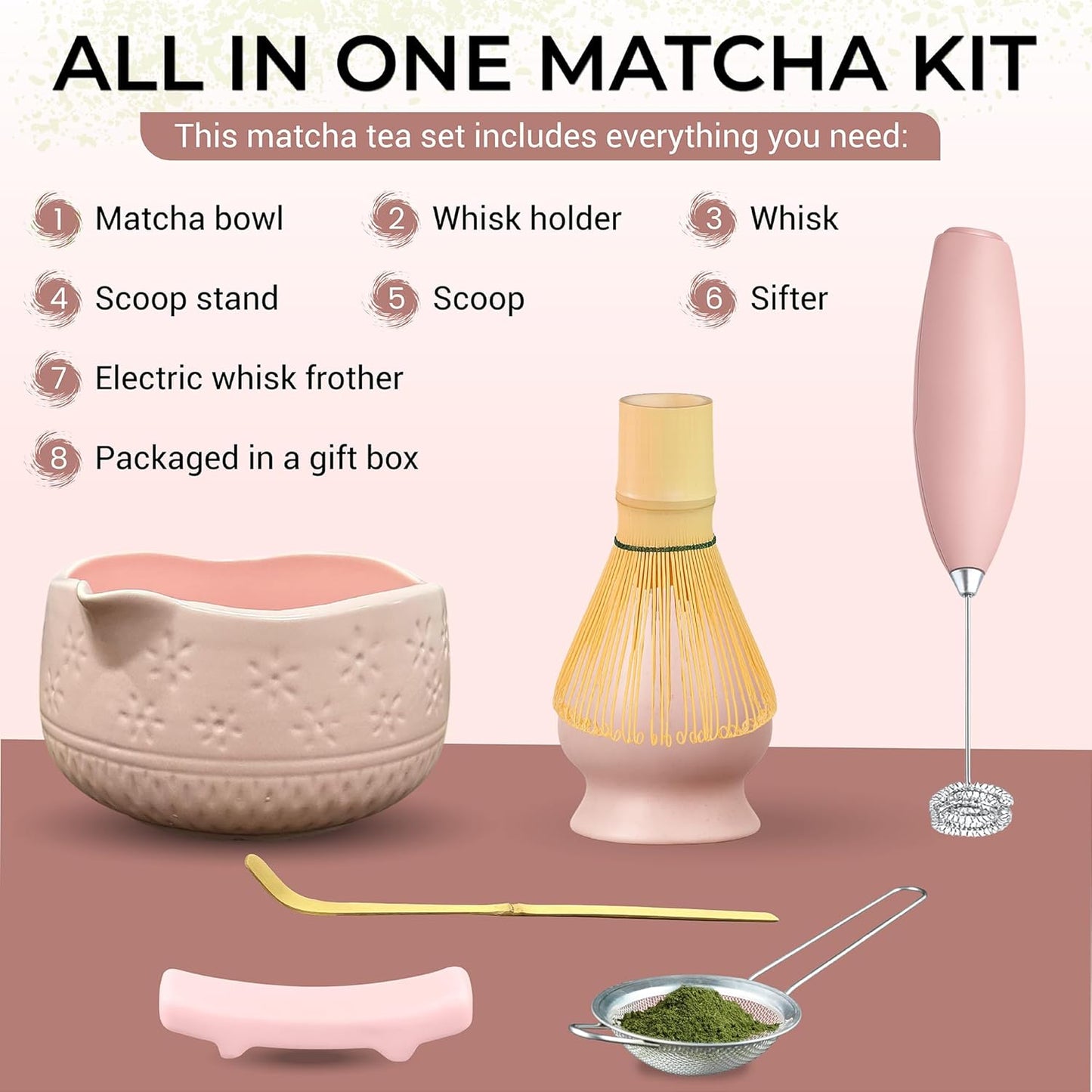Matcha Whisk Set with Matcha Bowl - Matcha Set Included Electric Frother, Bamboo Whisk, Matcha Spoon, Bamboo Holder, Sifter, Spoon Stand (Mottled Green)