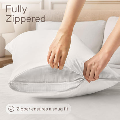 Ultra Soft Pillow Protectors with Zipper Standard Size - Set of 8 Breathable Pillow Covers - 100% Protection Against Stains, Dust & Dirt - Machine Washable (White)