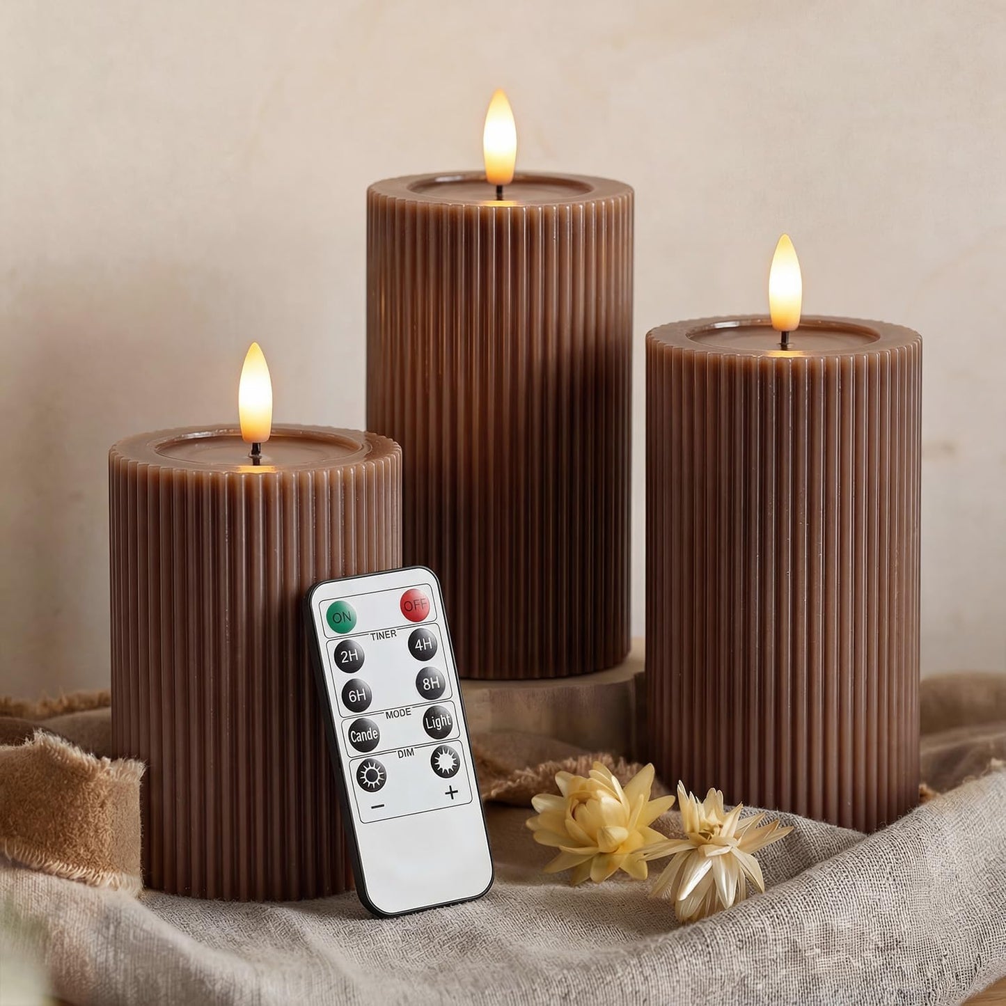 Ribbed Fluted Real Wax Flameless LED Pillar Candles, Loden Sage Olive Green, Melted-Wax Top Look, Flickering Flame, Battery Operated, Remote & Timer, Shelf & Wedding Decor (Set of 3)