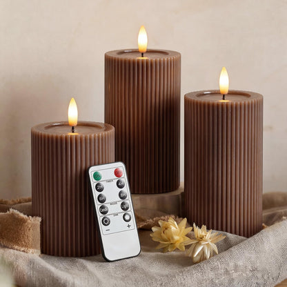 Ribbed Fluted Real Wax Flameless LED Pillar Candles, Loden Sage Olive Green, Melted-Wax Top Look, Flickering Flame, Battery Operated, Remote & Timer, Shelf & Wedding Decor (Set of 3)