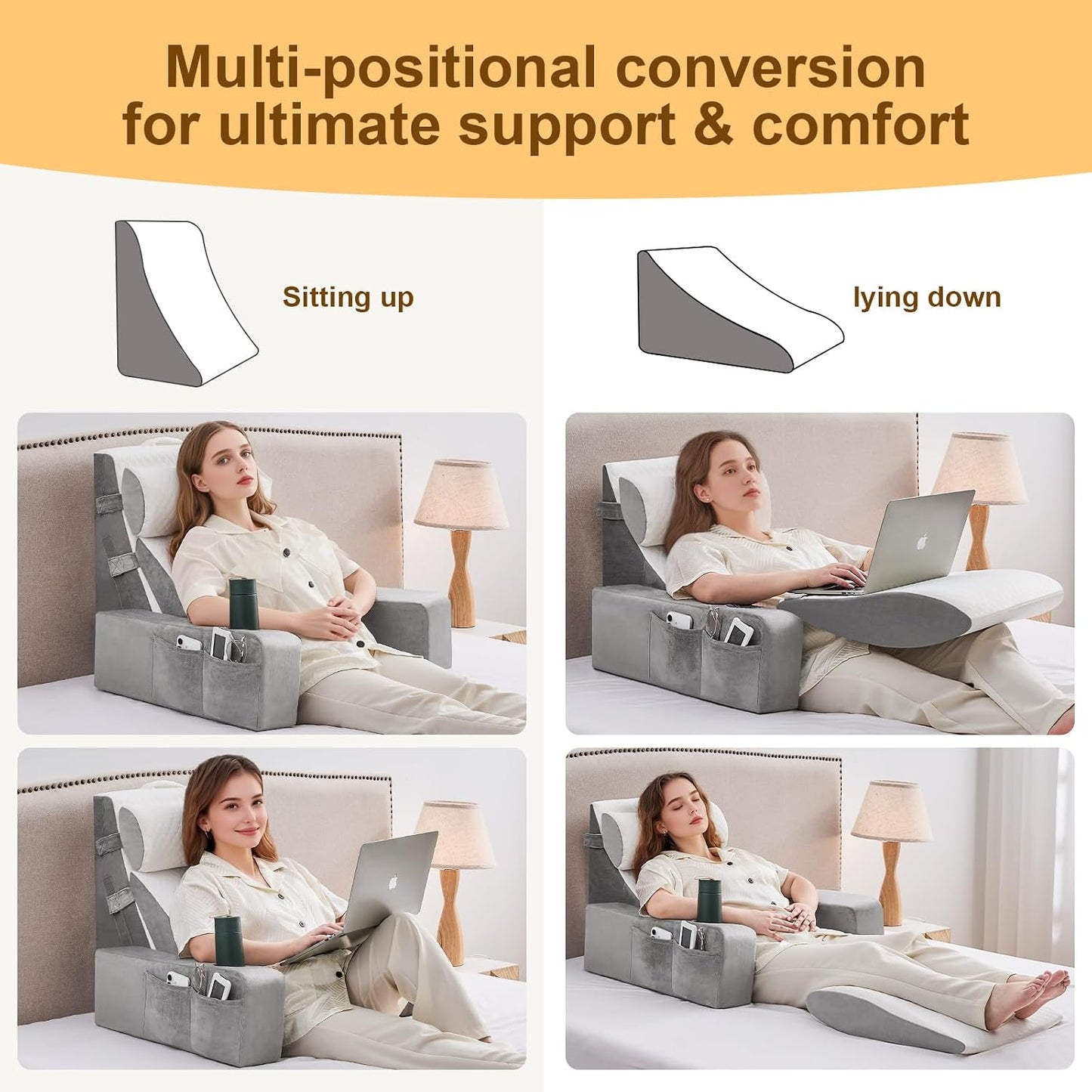 Yojoker 6pcs Orthopedic Bed Wedge Pillow Set for Sleeping, Post Surgery Foam for Body, Back and Leg Pain Relief Comfortable & Adjustable Support Pillows-Anti Snoring, Heartburn