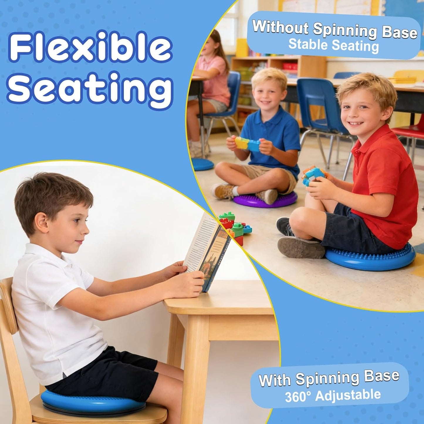Wiggle Seat Cushion,Fimeetoy Sensory Spinning Chair,ADHD Tools for Kids,Flexible Seating Classroom & Home,Inflatable Wobble Balance Disc-Blue