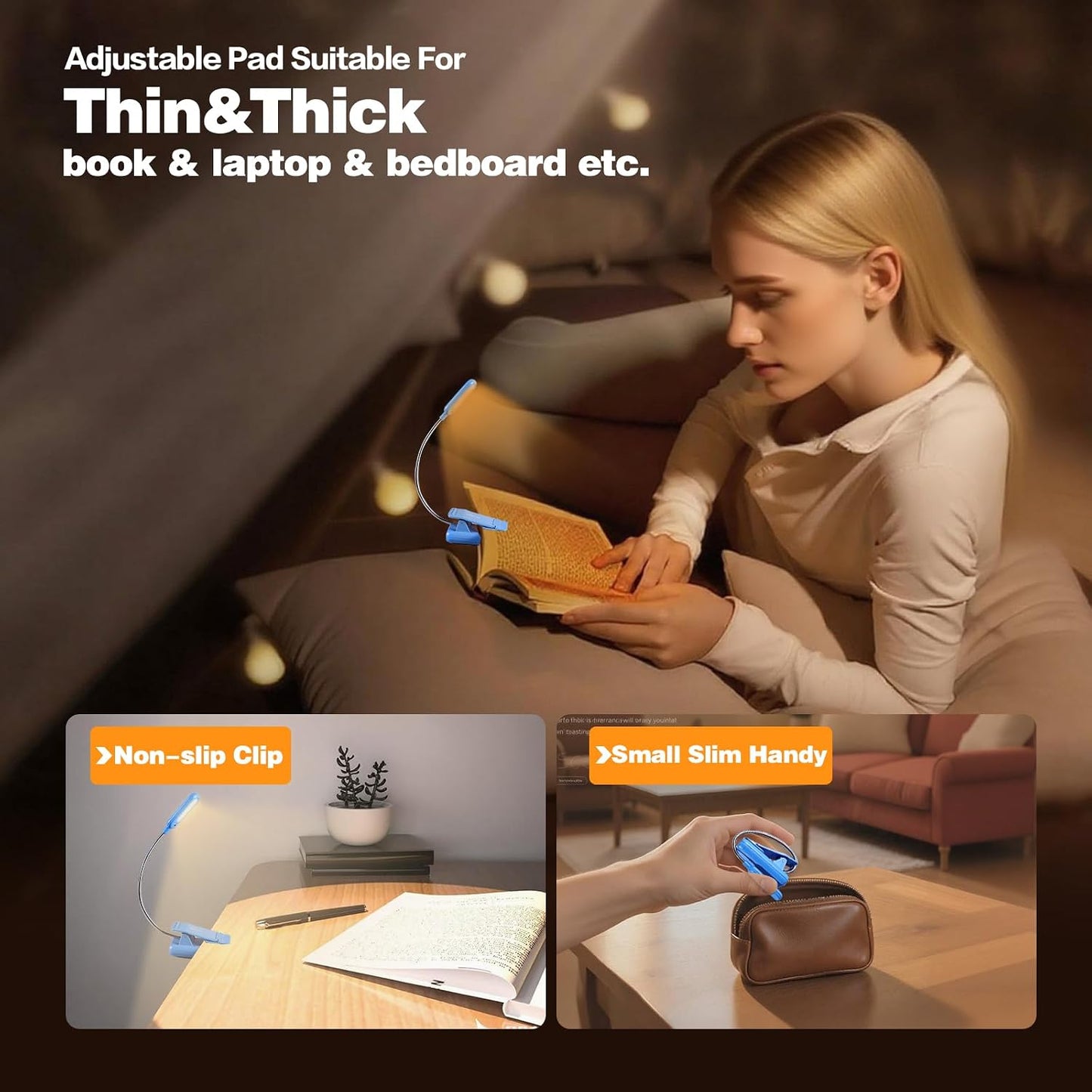 VAVOFO Clip On Book Light for Bed Kids, 7 LED Reading Light with 9-Level Warm Cool White Daylight, Eye Care Lamp with Power Indicator for Bookworms (Blue)