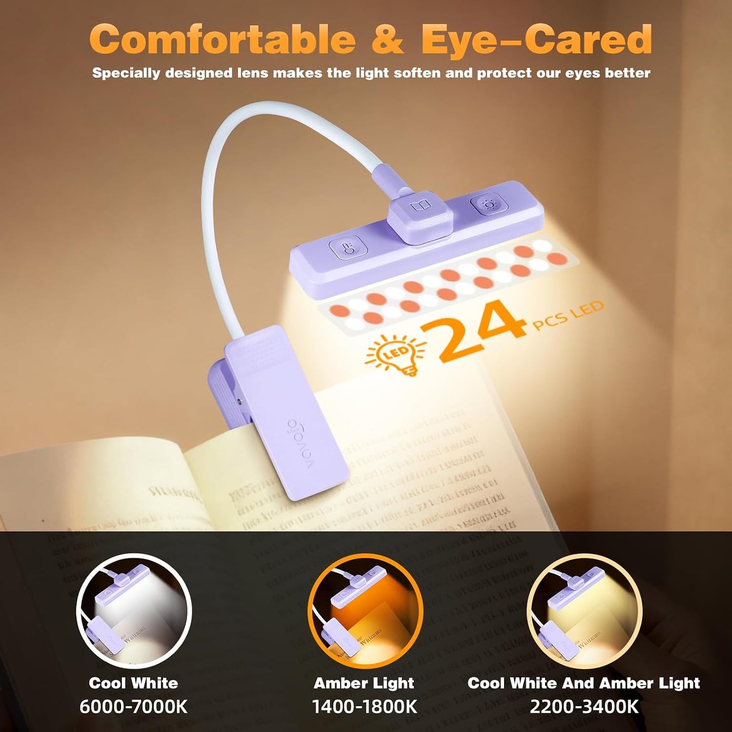 VAVOFO 24 LEDs Rotatable Book Light, Rechargeable Clip Reading Lamp