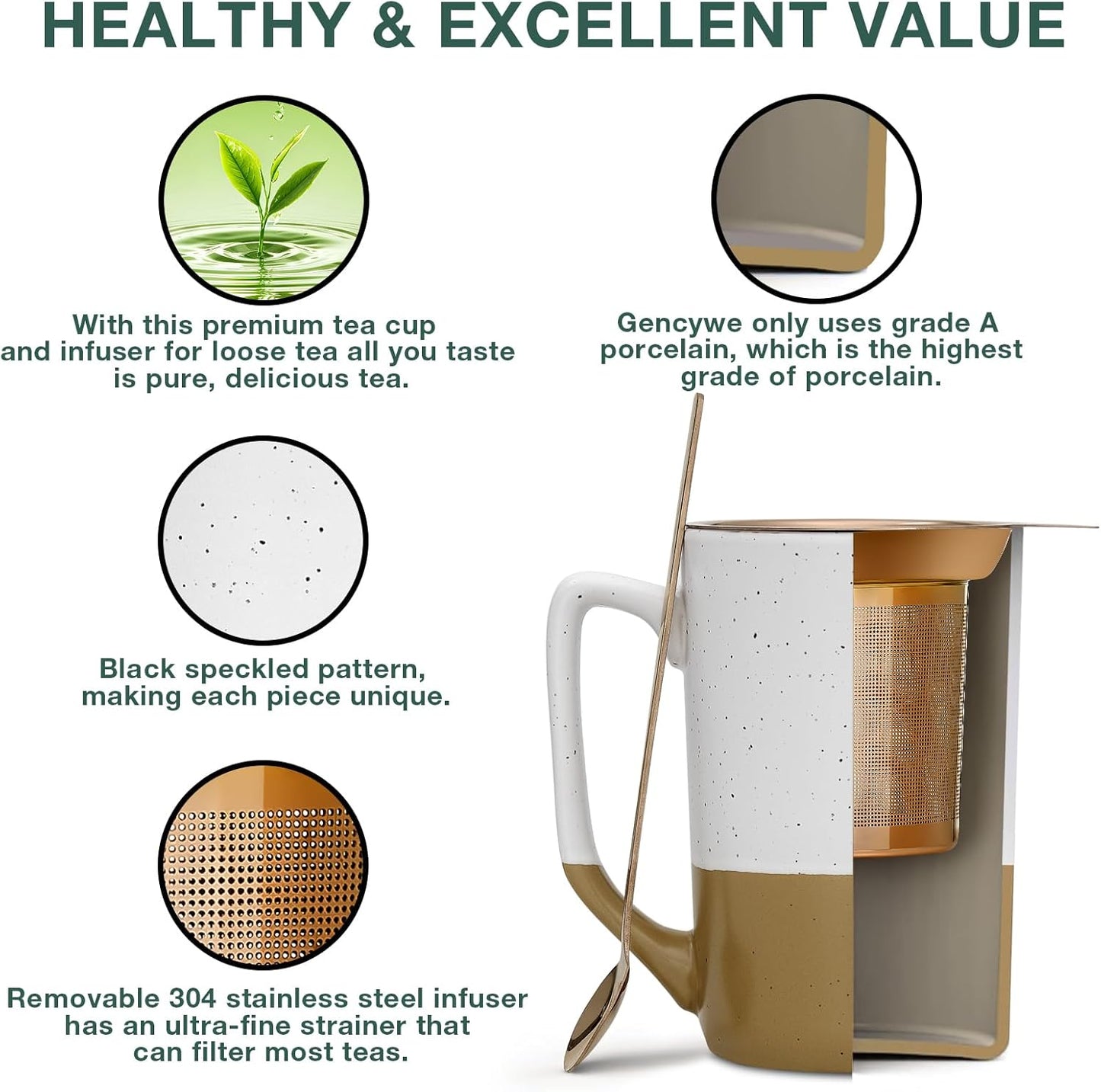 Gencywe Ceramics Large Tea Cup with Loose Leaf Infuser, Spoon and Lid, 16 oz Tall Coffee Mug, Microwave and Dishwasher Safe, Rustic Matte Ceramic Glaze, Tea Strainer, Amber