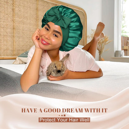 Satin Bonnet for Sleeping Cap Double Layer Hair Bonnet with Elastic Tie Band for Curly Hair Night Cap (Bean Paste + Pink)