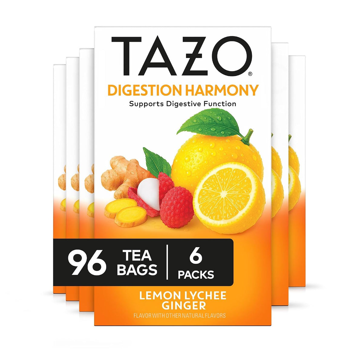 Tazo Digestion Harmony Herbal Tea Bags, Lemon Ginger Lychee, 16ct, 6-Pack
