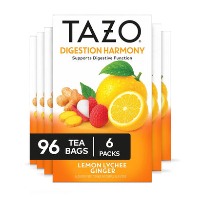 Tazo Digestion Harmony Herbal Tea Bags, Lemon Ginger Lychee, 16ct, 6-Pack