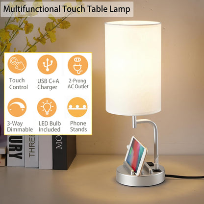 Dreamholder Touch Control USB Table Lamp, Upgraded 3-Way Dimmable Bedside Desk Lamp with USB C & A Charging Ports and AC Outlet, Nightstand Lamp for Bedroom, Dimmable 9W LED Bulb Included