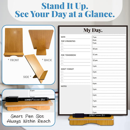 JJPRO Reusable Desktop Daily Planner with Stand,Reusable Time Schedule Board,11"x8.5" Hourly Schedule Dry Erase Board with Time Slots,Desk Hourly Dry Erase Board w/Engineered Wood Stand-Sage Green