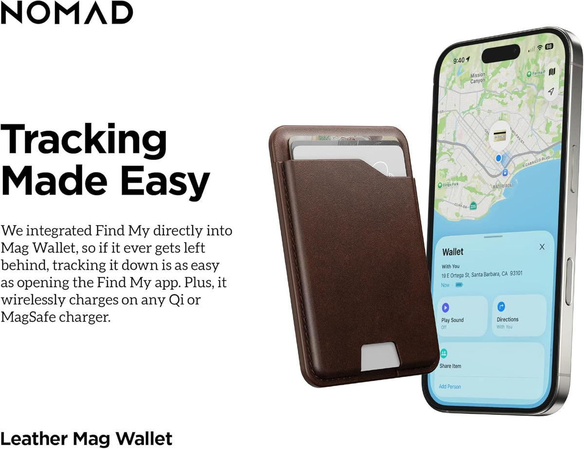 Nomad Leather Black Magsafe Wallet w/Integrated Tracking for iPhone, Slim Magsafe Card Holder for iPhone, Wallet GPS Tracker Card 5 Months Battery Life, Rechargeable, Compatible with iOS Only