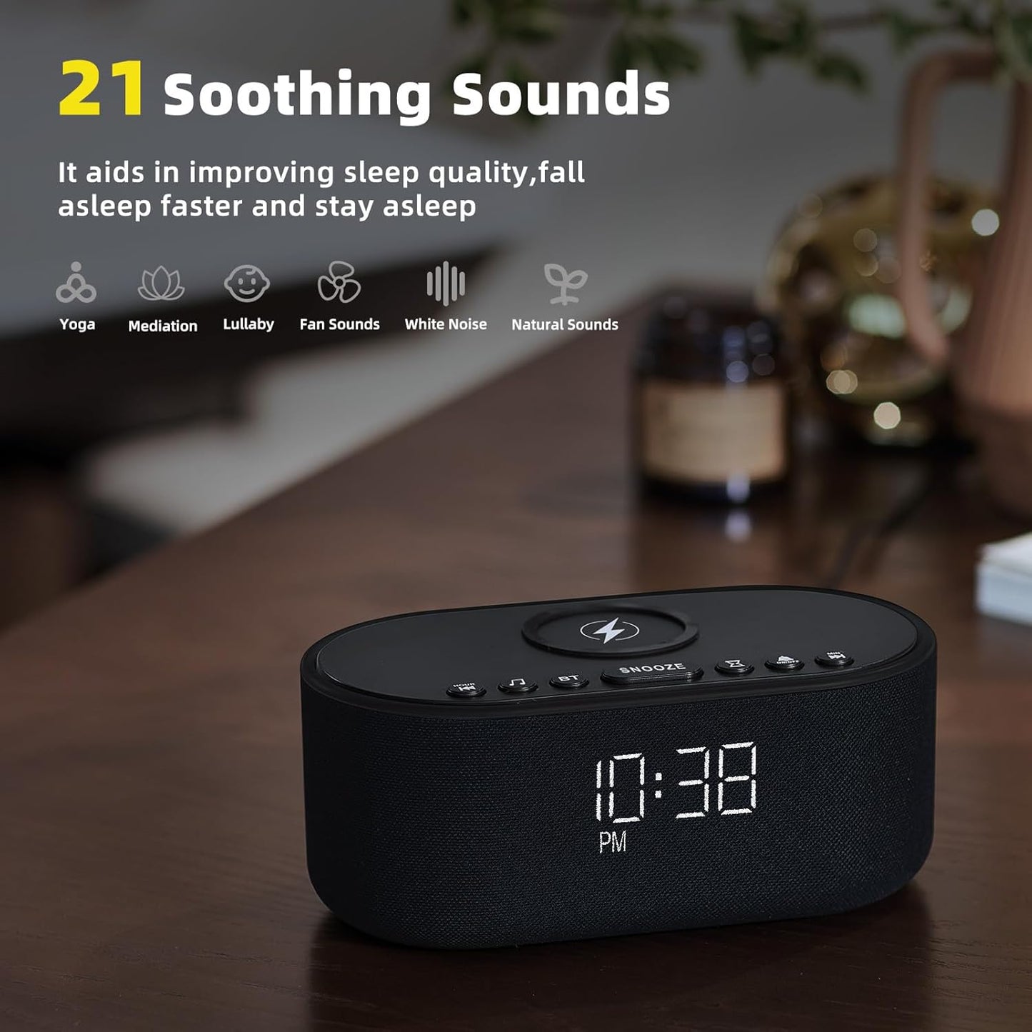 Sound Machine Alarm Clock for Bedrooms: Bluetooth 10W Stereo Sound Speaker with Wireless Charging - White Noise Machine for Sleeping with 21 Soothing Sounds - Putty