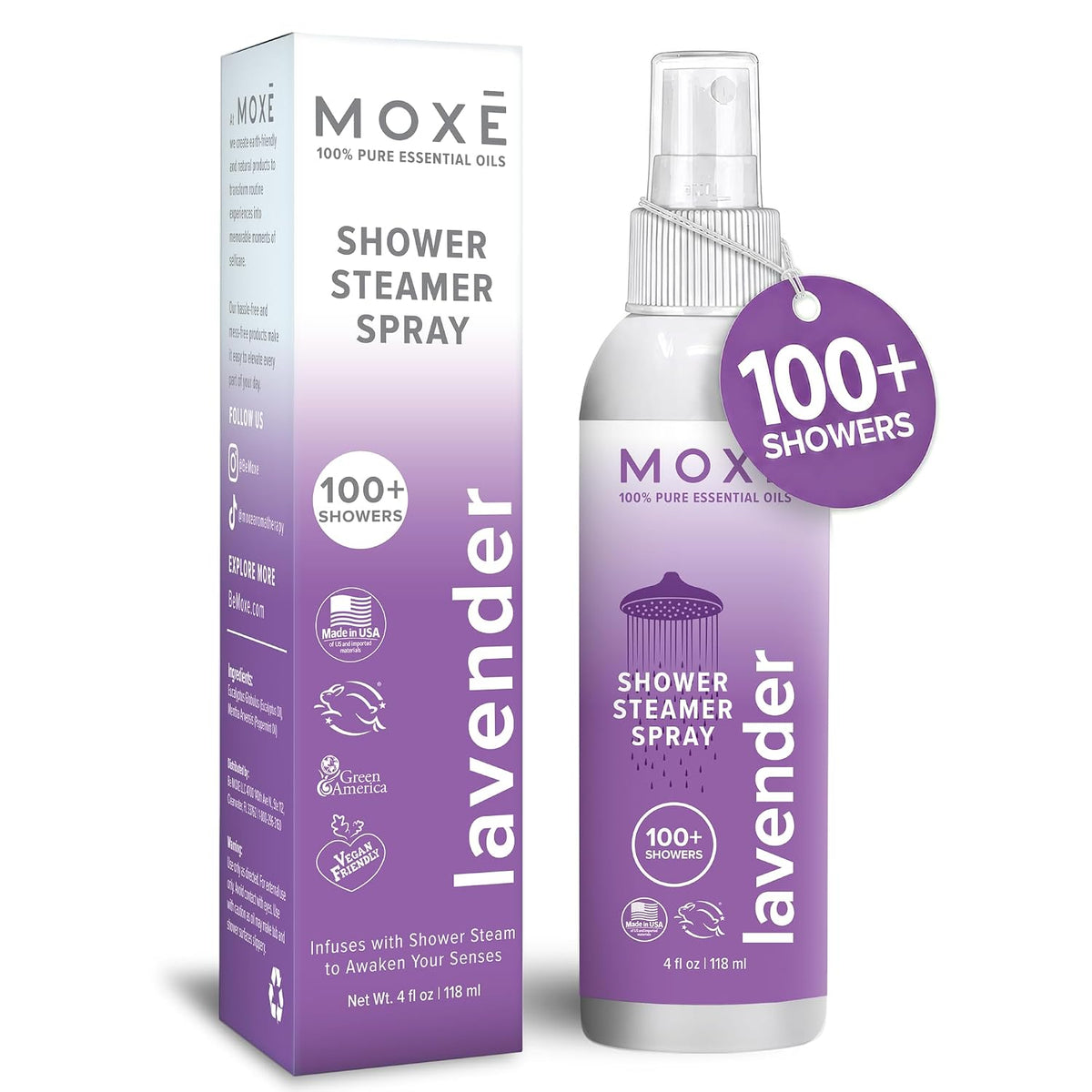MOXĒ Eucalyptus Oil Shower Mist, Spa Steam Spray, Certified Natural 100% Essential Oils, Made in USA, Aromatherapy, Sinus Congestion Relief, Tension Relief, 4 Ounces