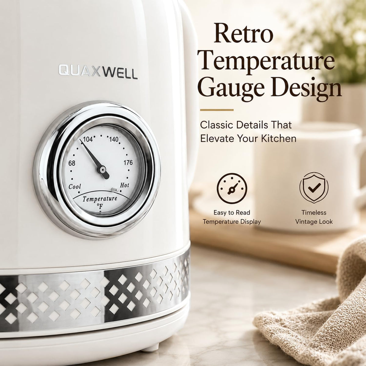 Retro Electric Tea Kettle, 1.7L, Matte White and Gold