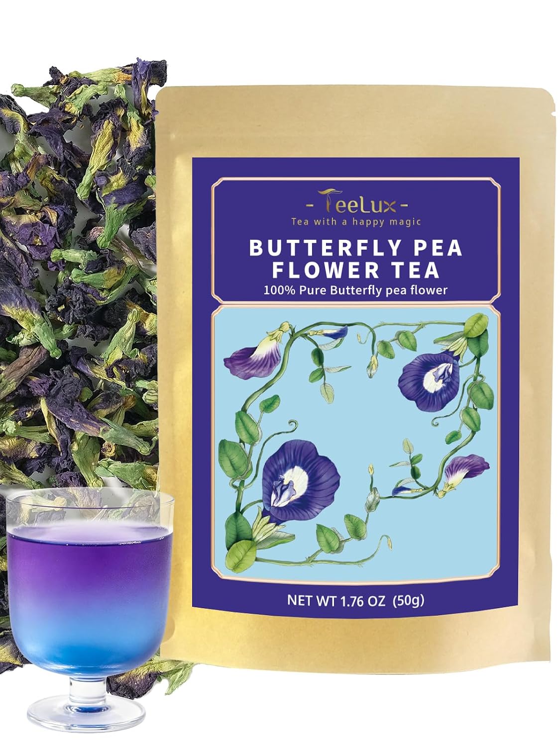 TeeLux Butterfly Pea Flower Tea, 1.76oz Whole Blue Pea Flower Caffeine Free