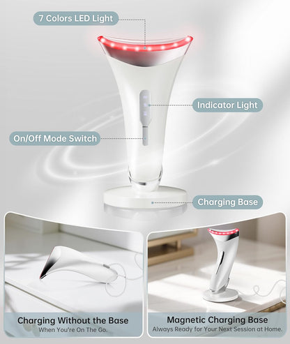 Dopsikn 7 Color Galvanic Machines - Red Light Therapy for Face and Neck, Face Massager Tool for Wrinkles, Double Chin, Vibrating Facial Massager with Thermals, Pink