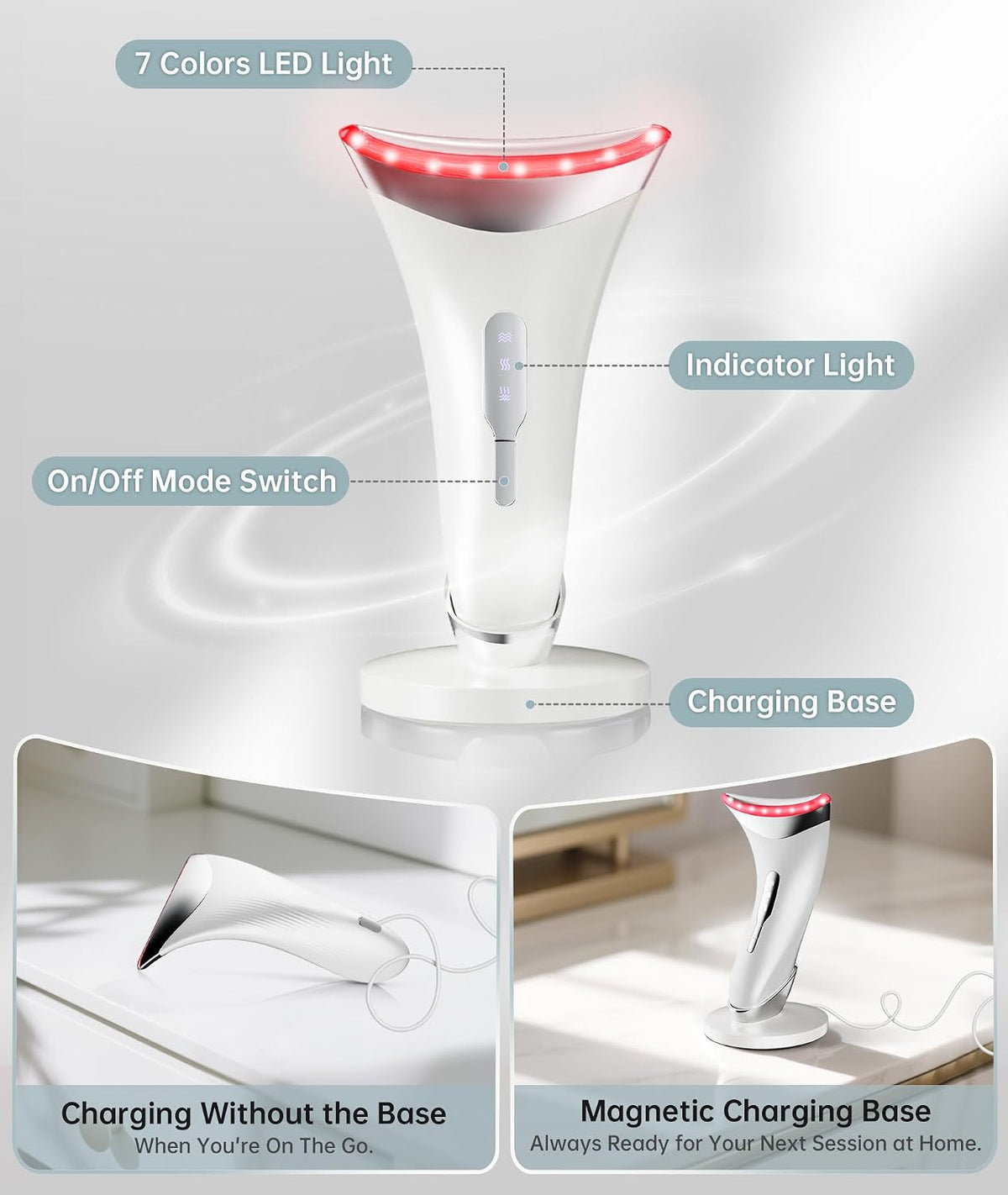 Dopsikn 7 Color Galvanic Machines - Red Light Therapy for Face and Neck, Face Massager Tool for Wrinkles, Double Chin, Vibrating Facial Massager with Thermals, Pink