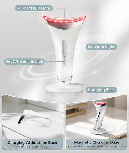 Dopsikn 7 Color Galvanic Machines - Red Light Therapy for Face and Neck, Face Massager Tool for Wrinkles, Double Chin, Vibrating Facial Massager with Thermals, Pink