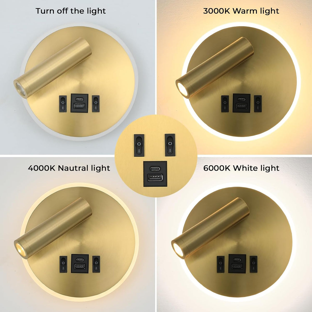 Plug in Wall Lamps for Bedroom Living Room, Wall Mounted Reading Lights with USB C+A Charging Ports, Headboard Lamp 360°Rotation, Wall Mount Lamp with 3 Color Temperature 3W+9W Night Light