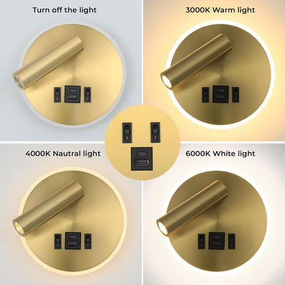 Plug in Wall Lamps for Bedroom Living Room, Wall Mounted Reading Lights with USB C+A Charging Ports, Headboard Lamp 360°Rotation, Wall Mount Lamp with 3 Color Temperature 3W+9W Night Light