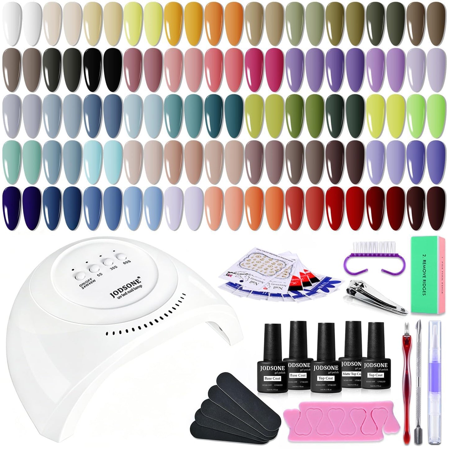 JODSONE Gel Nail Polish Kit 60 PCS with U V Light Soak off Base Top Coat 55 Shine Colors Gel Nail Kit Bright and Dark Brown Wine Red Series Manicure Set for Women and Girls
