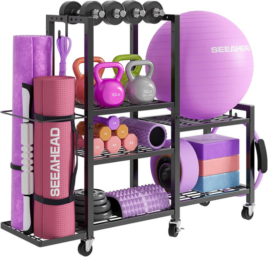 6Tier Rolling Home Gym Storage, Multi-Purpose Dumbbell Weight Rack