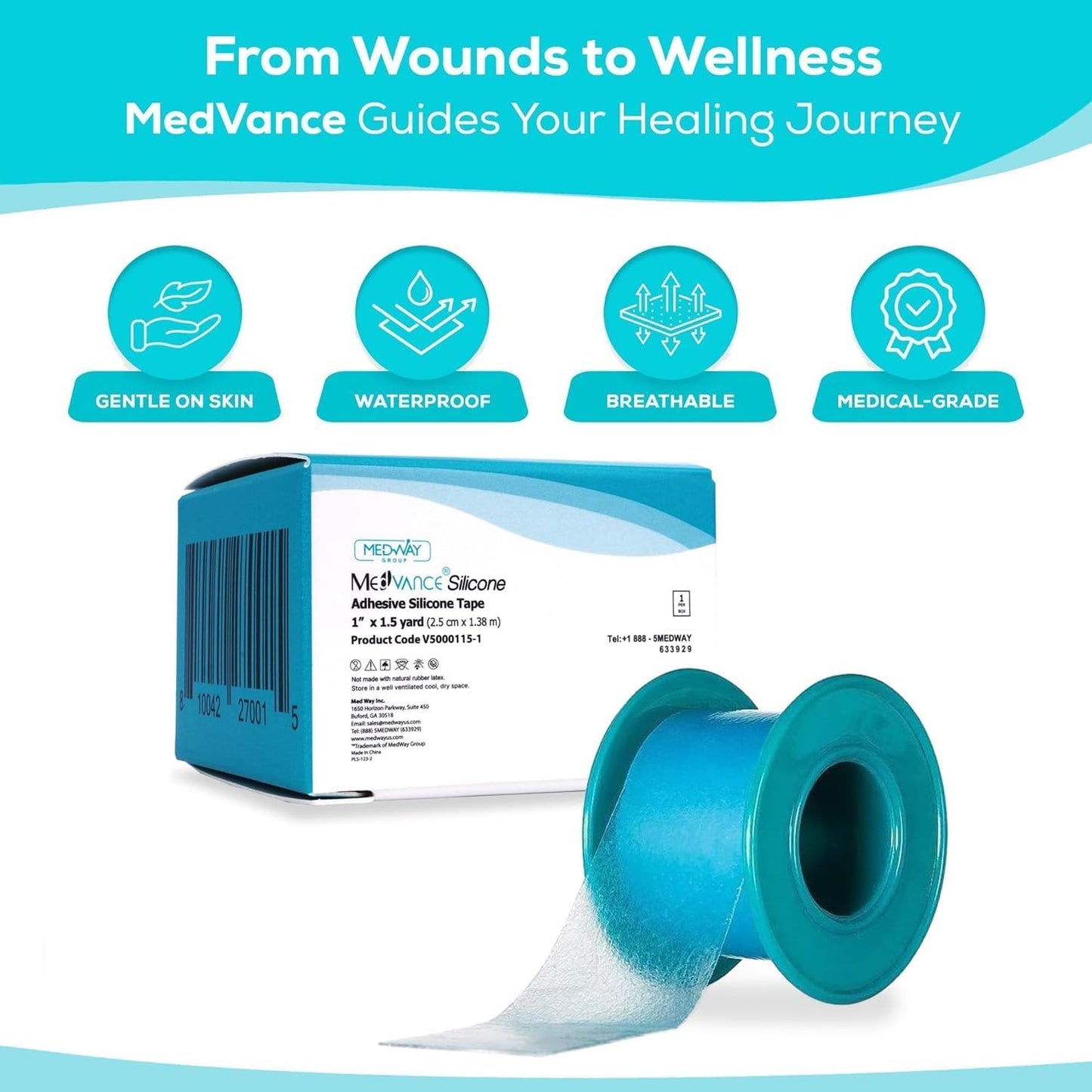 MedVance Silicone Tape Medical, Perforated Surgical Tape Sensitive Skin, Waterproof Tape for Skin, Medical Tape for Wound Care, Eyelash Tape, Gentle Skin Tape, 1" Width (1 Pack, 180 Inches)