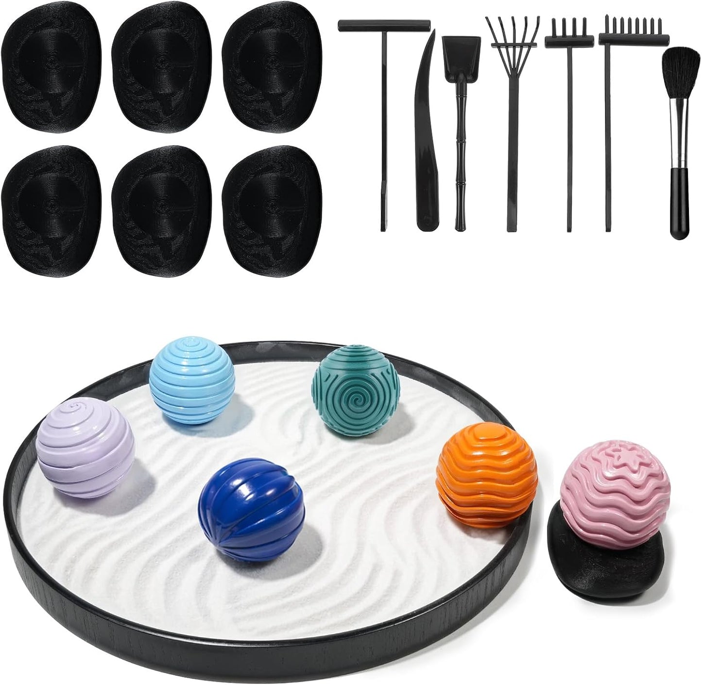 Wowagoga Desk Zen Garden Kit with 6 Textured Sensory Balls, Sand & Tools, Mini Meditation Set for Stress Relief and Desktop Decor