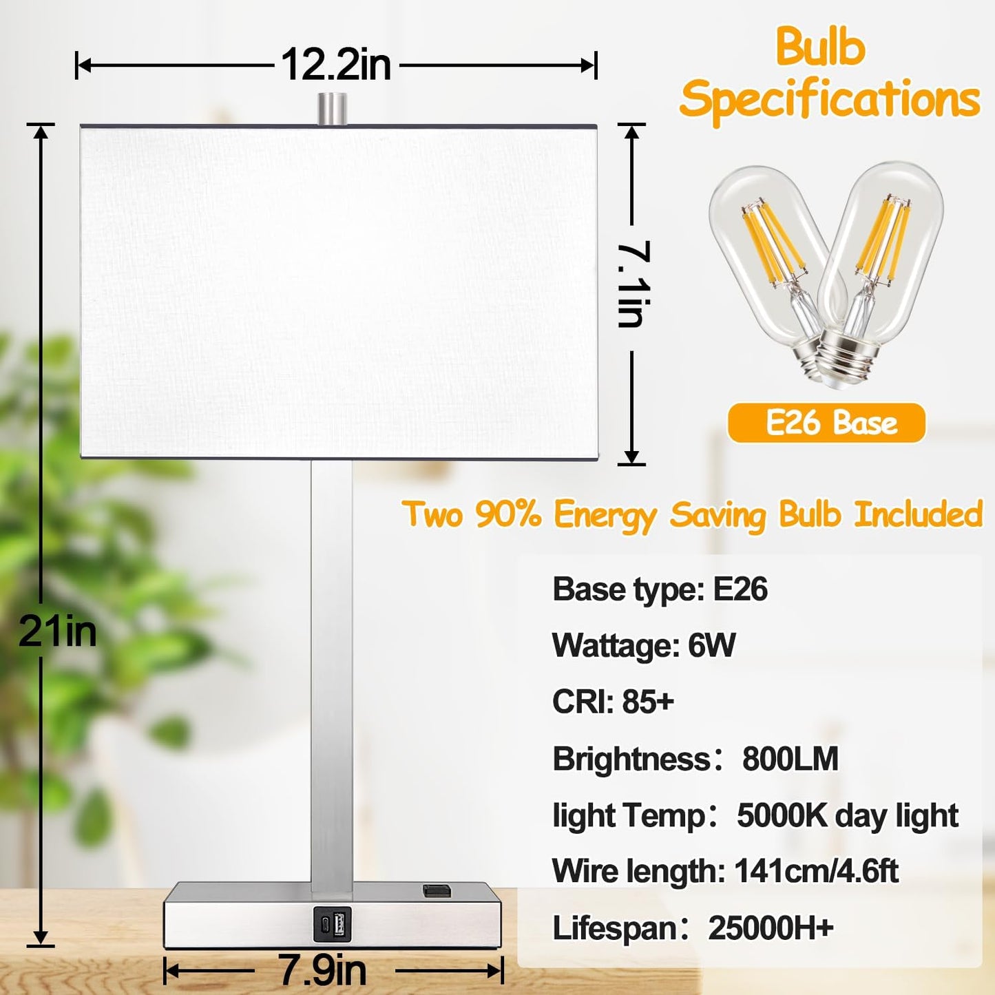21" Touch Bedside lamps with 2 USB & AC Outlets, 3-Way Dimmable Bedside Table Lamps Set of 2 for Bedroom Living Room Office Reading, Gray Shade Lamps for Night Stands, 5000K LED Bulbs Included