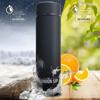 London Sip Multi-Purpose Tea Infuser Travel Mug and Tumbler Fruit Infuser Flask Hot and Cold Double Wall Stainless Steel Thermos with Extra-Long Infuser, Midnight Teal